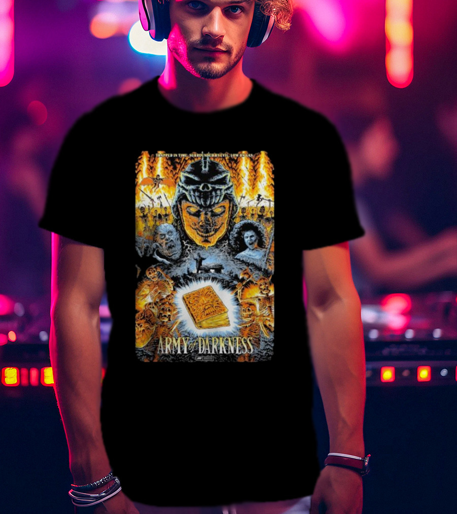 Trapped In Time Surrounded By Evil Low On Gas Army Of Darkness Necronomicon Evil Dead Horror Collage T-Shirt