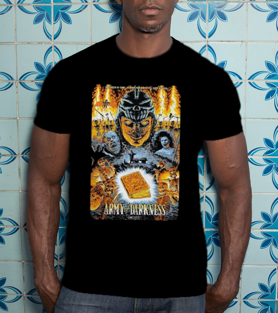 Trapped In Time Surrounded By Evil Low On Gas Army Of Darkness Necronomicon Evil Dead Horror Collage T-Shirt