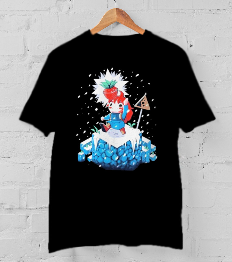 The Yetee Celeste 64 Pixel Adventure Character With Strawberry And Flag On Ice Mountain T-Shirt