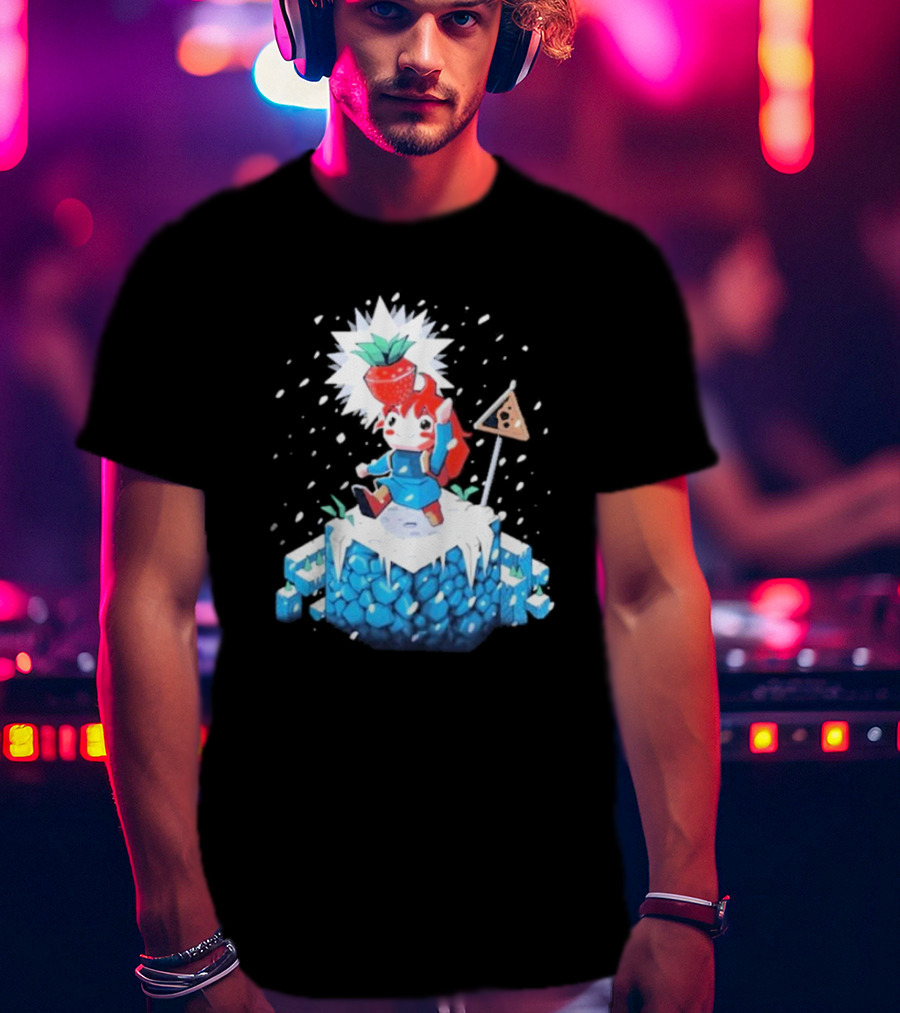 The Yetee Celeste 64 Pixel Adventure Character With Strawberry And Flag On Ice Mountain T-Shirt