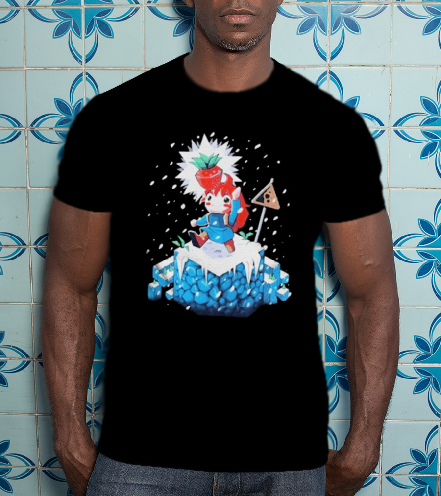 The Yetee Celeste 64 Pixel Adventure Character With Strawberry And Flag On Ice Mountain T-Shirt