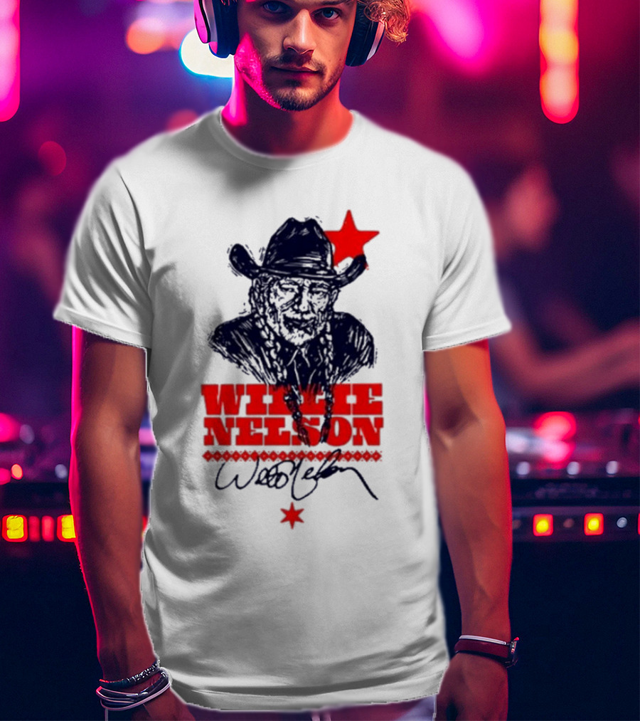 Willie Nelson Woodcut Cowboy Hat Red Star T-Shirt