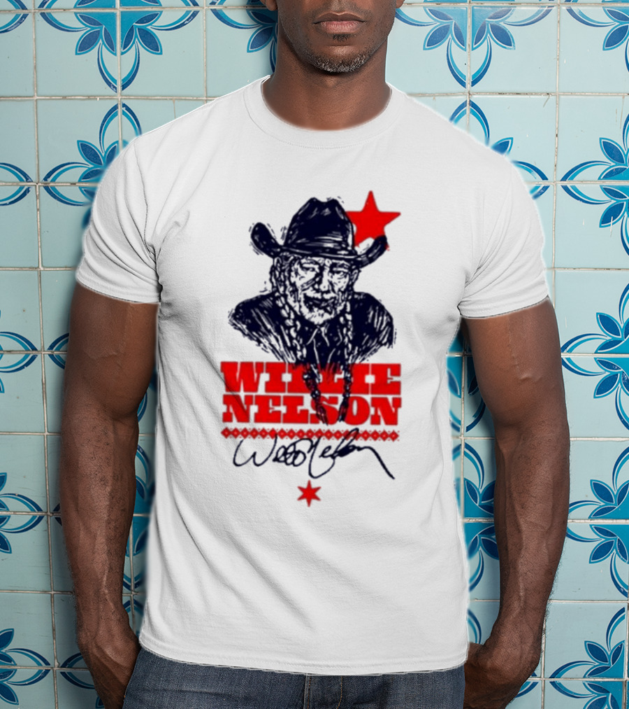 Willie Nelson Woodcut Cowboy Hat Red Star T-Shirt