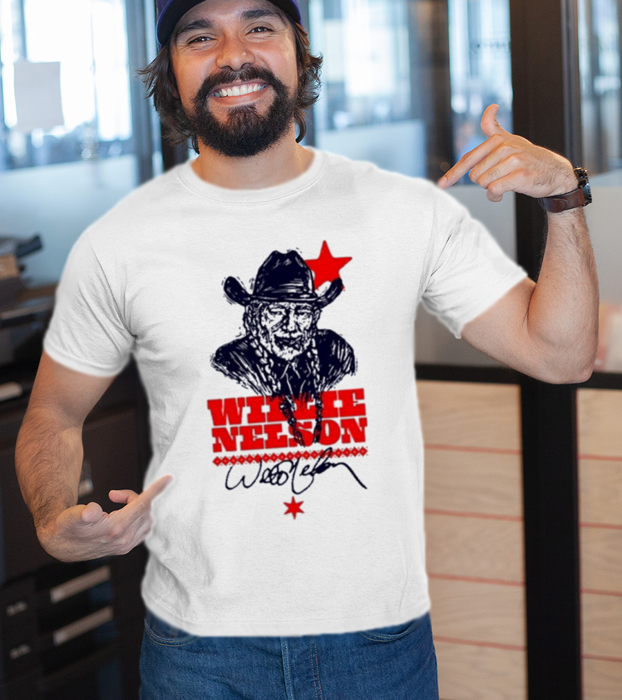 Willie Nelson Woodcut Cowboy Hat Red Star T-Shirt