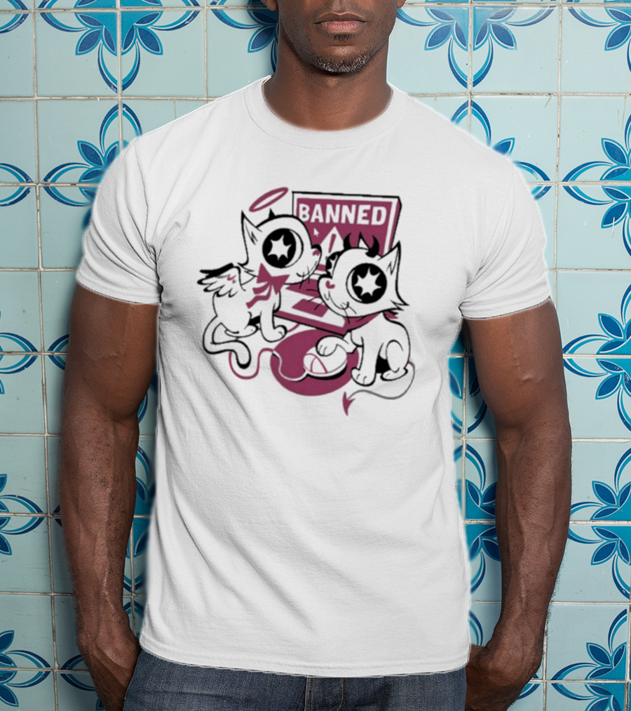 Sinjin Banned Angel Devil Cats With Starry Eyes Sitting By Computer T-Shirt