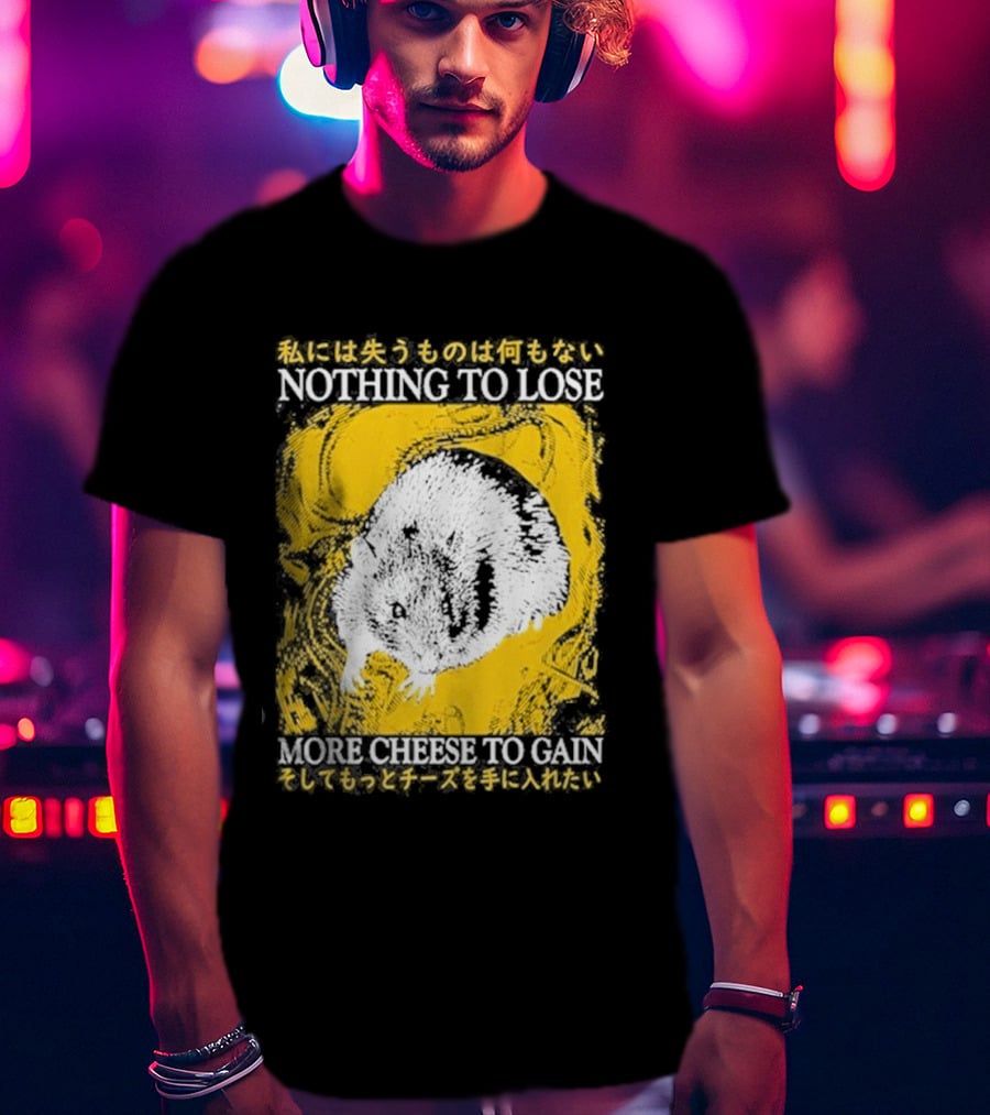 Nothing To Lose More Cheese To Gain Lukathemouse Yellow Background Japanese Text T-Shirt
