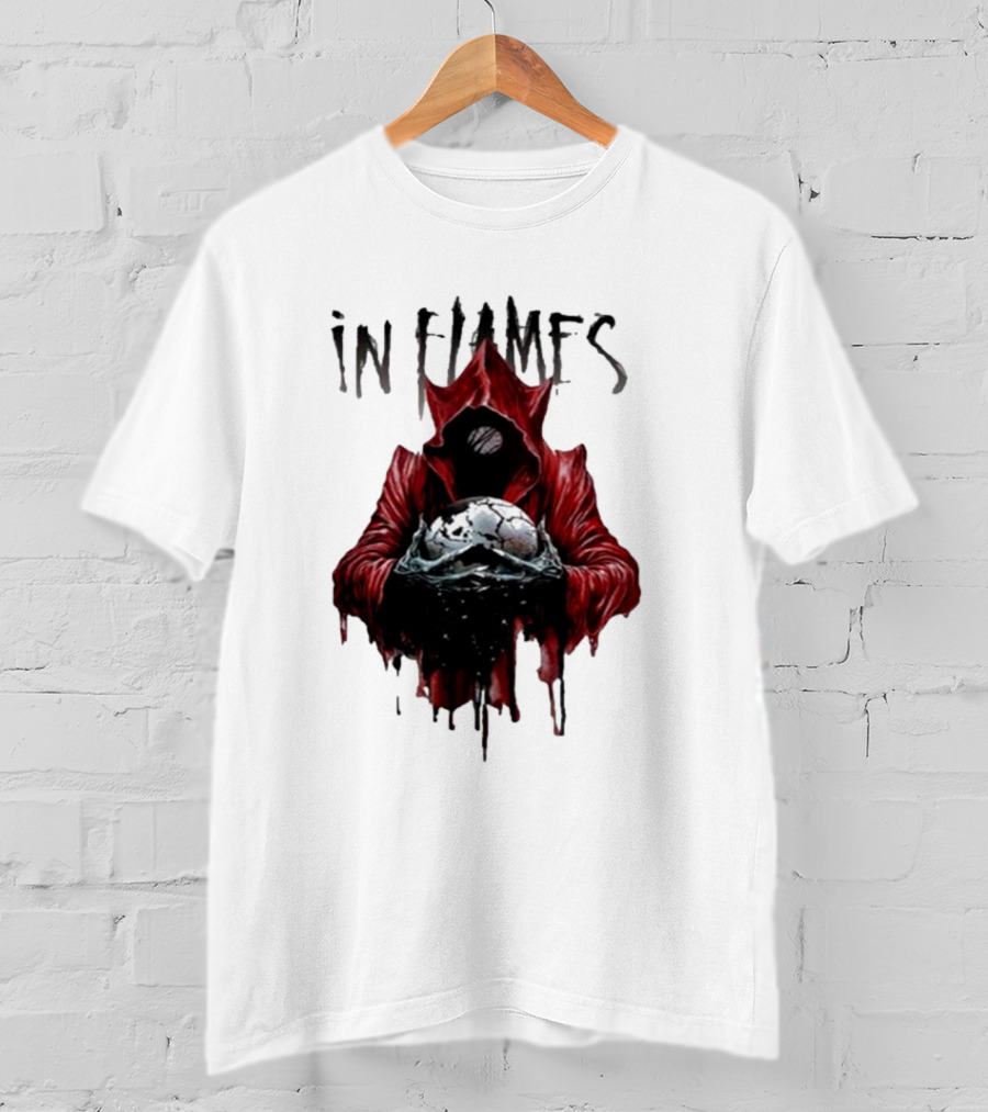 In Flames Siren Charms Red Hooded Figure Holding Cracked Mask T-Shirt