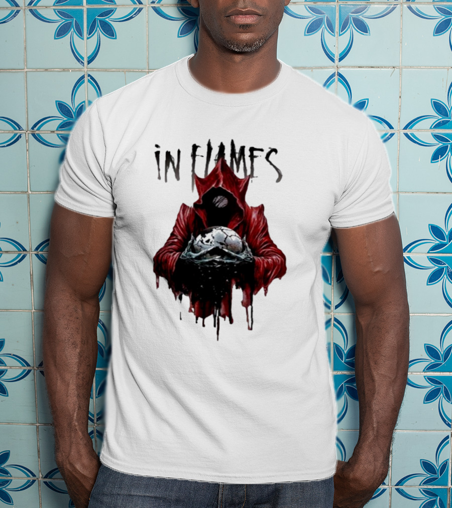 In Flames Siren Charms Red Hooded Figure Holding Cracked Mask T-Shirt
