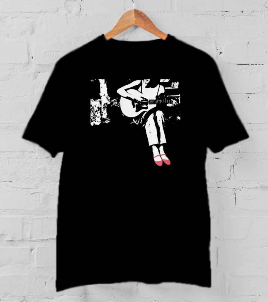 Devon Gabriella Playing Acoustic Guitar Black And White Contrast Red Shoes T-Shirt