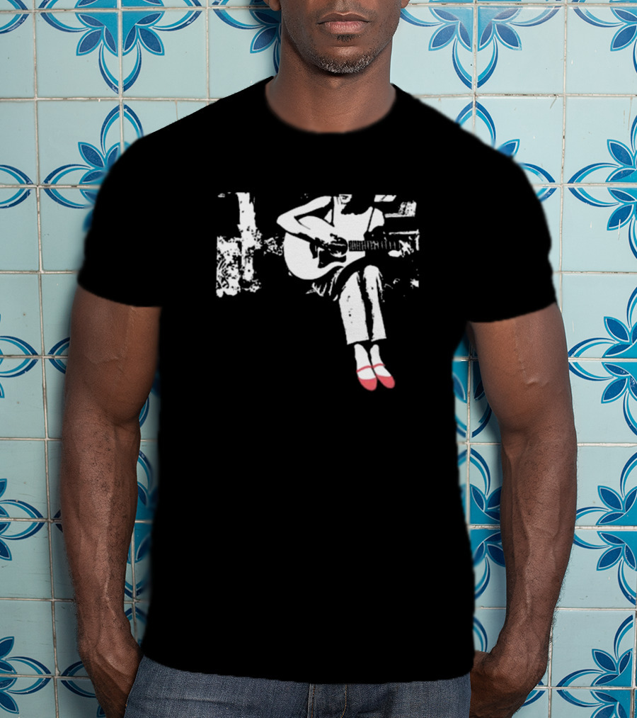Devon Gabriella Playing Acoustic Guitar Black And White Contrast Red Shoes T-Shirt