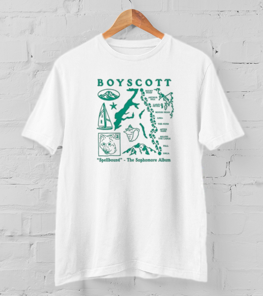 Boyscott Spellbound The Sophomore Album Map Theme With Wolf, Mountain, Boat, And Locations T-Shirt