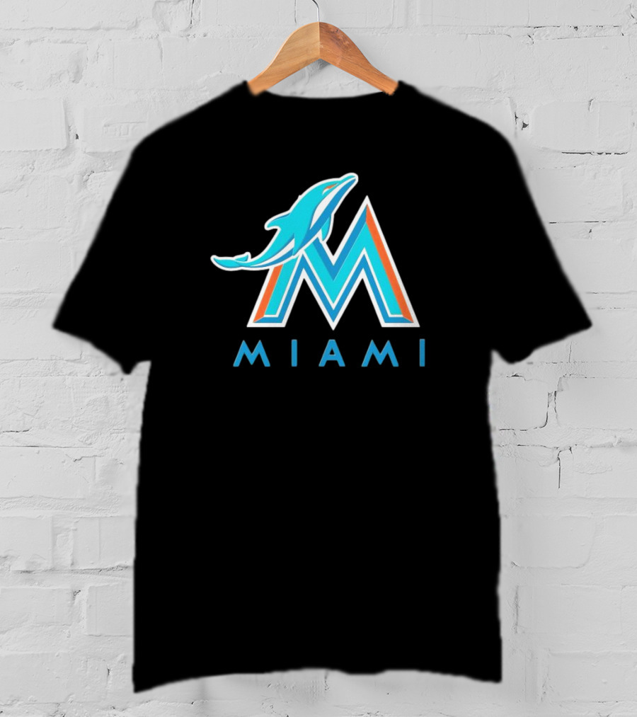 NFL X MLB Miami Dolphins X Miami Marlins M Logo Mashup Miami T-Shirt