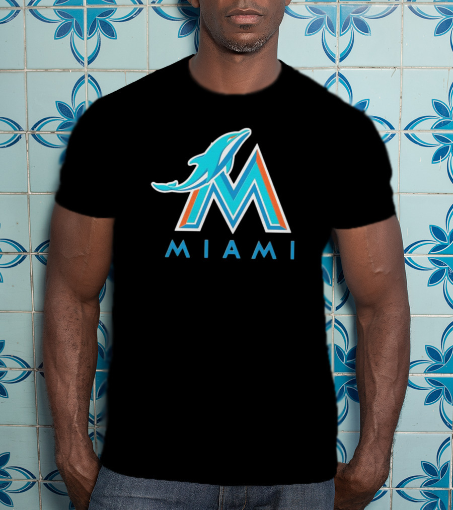 NFL X MLB Miami Dolphins X Miami Marlins M Logo Mashup Miami T-Shirt