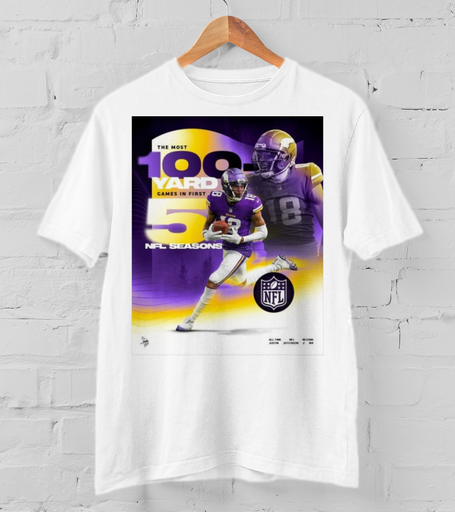 The Most 100 Yard Games In First 5 NFL Seasons Minnesota Vikings Justin Jefferson T-Shirt