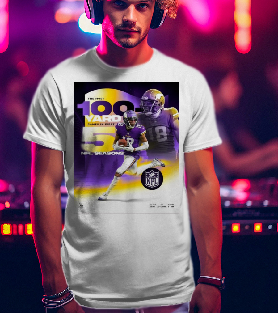 The Most 100 Yard Games In First 5 NFL Seasons Minnesota Vikings Justin Jefferson T-Shirt