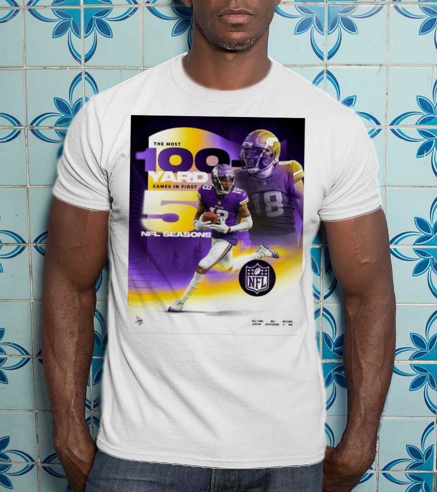 The Most 100 Yard Games In First 5 NFL Seasons Minnesota Vikings Justin Jefferson T-Shirt