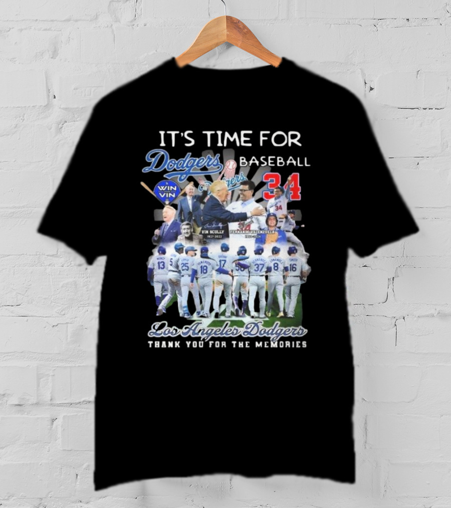 Los Angeles Dodgers It's Time For Baseball Thank You For The Memories Vin Scully 34 Signatures T-Shirt