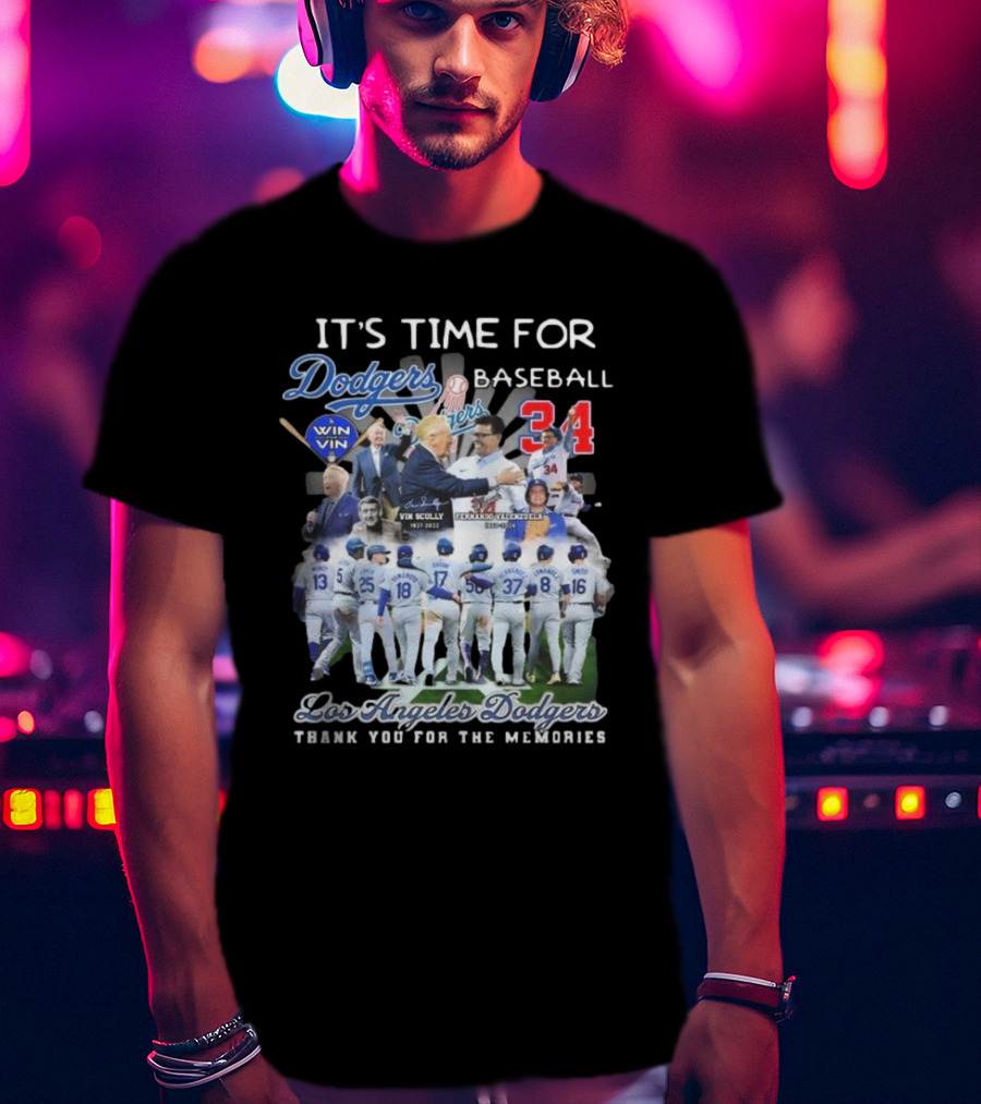 Los Angeles Dodgers It's Time For Baseball Thank You For The Memories Vin Scully 34 Signatures T-Shirt