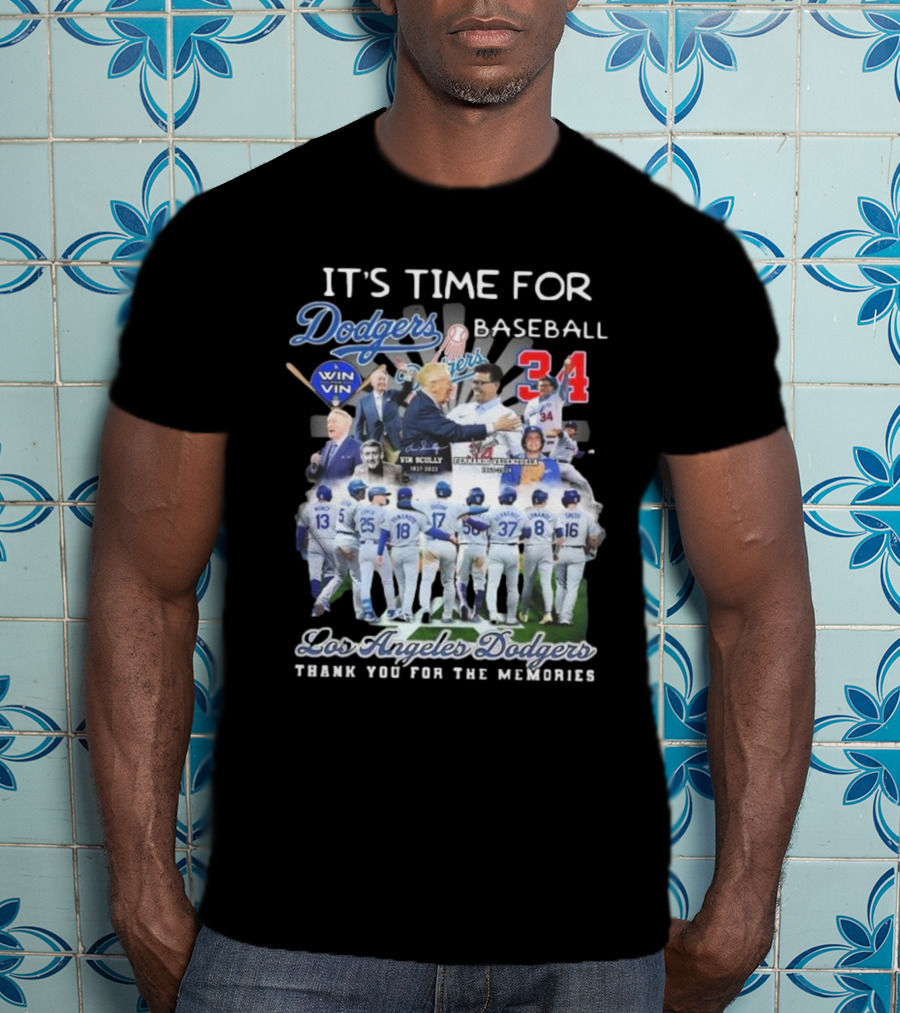 Los Angeles Dodgers It's Time For Baseball Thank You For The Memories Vin Scully 34 Signatures T-Shirt