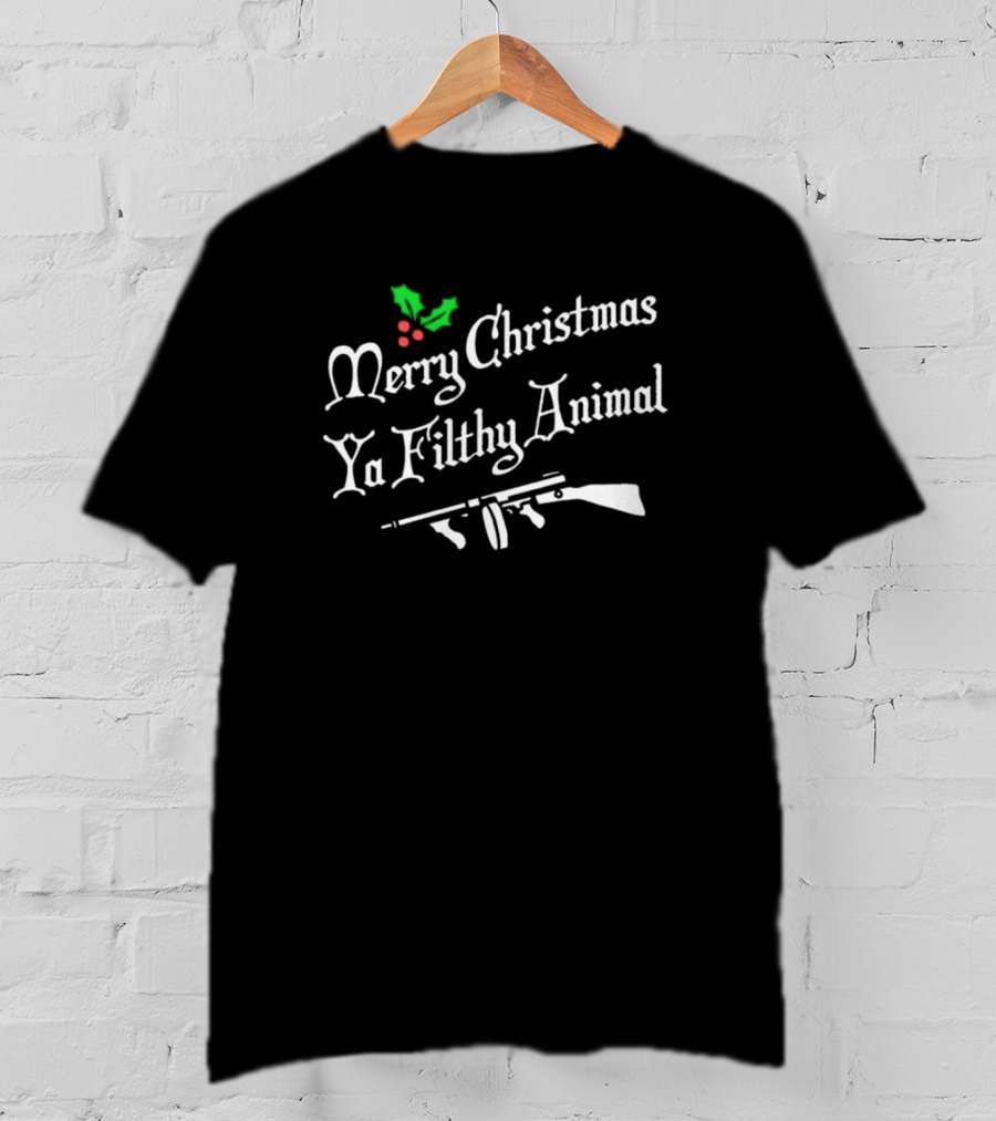 Merry Christmas Ya Filthy Animal Holly Leaves Machine Gun T-Shirt