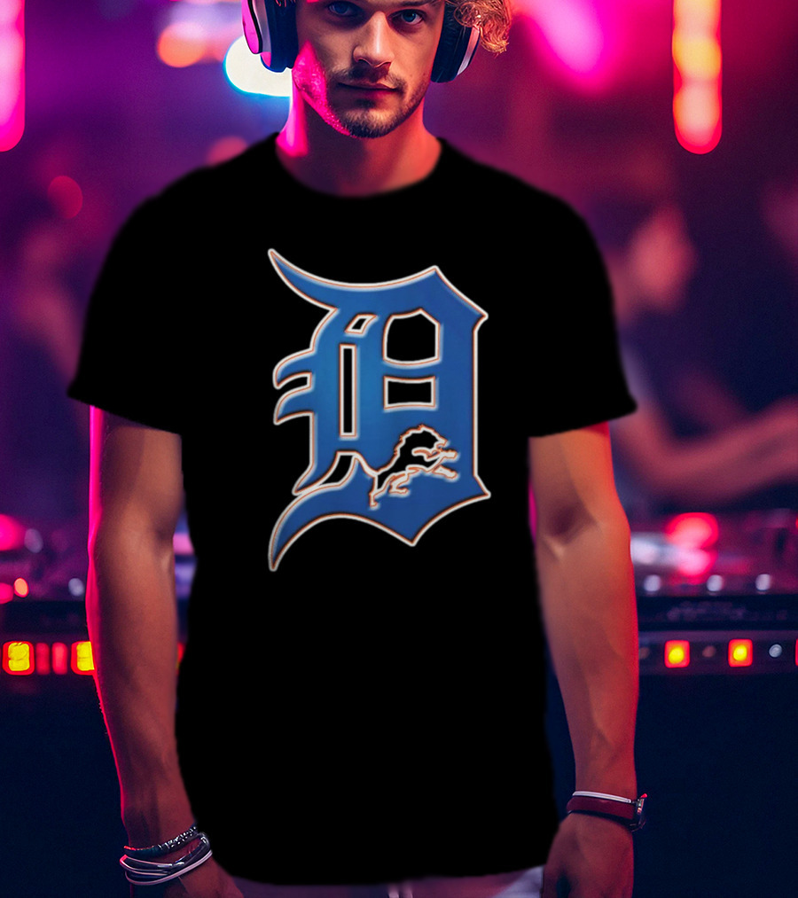 Detroit Lions Tigers Logo Mashup NFL MLB Blue D T-Shirt