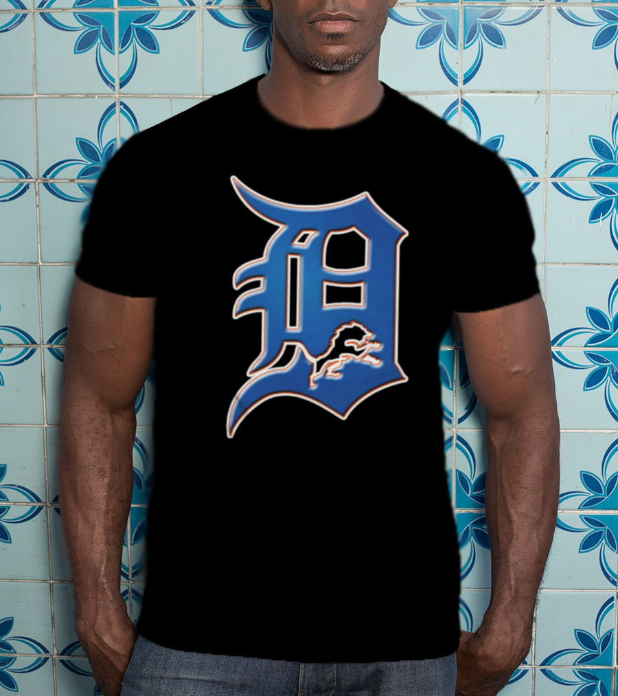 Detroit Lions Tigers Logo Mashup NFL MLB Blue D T-Shirt
