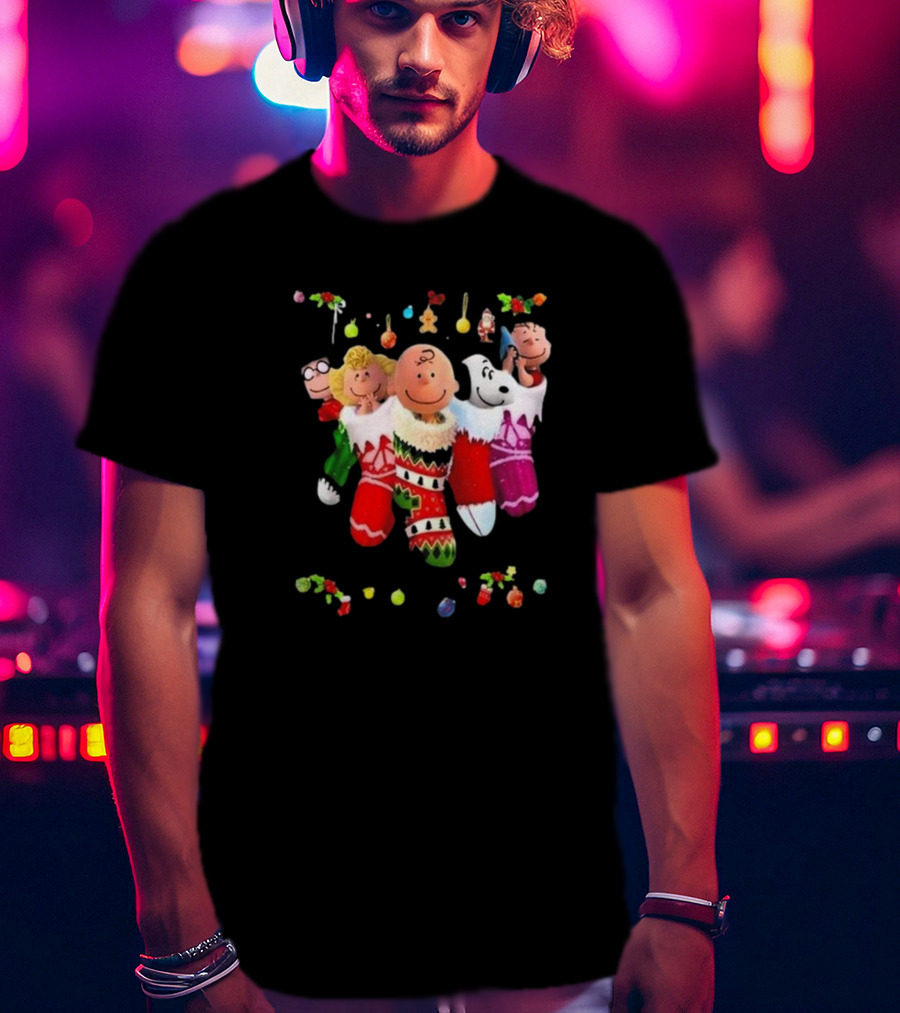 Peanuts Snoopy Charlie Brown Christmas Stockings Santa Claus Friends Holiday Cheer T-Shirt