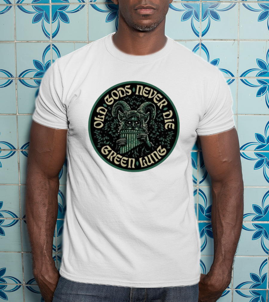 Green Lung Old Gods Never Die Pagan Horned Creature Playing Pan Flute T-Shirt