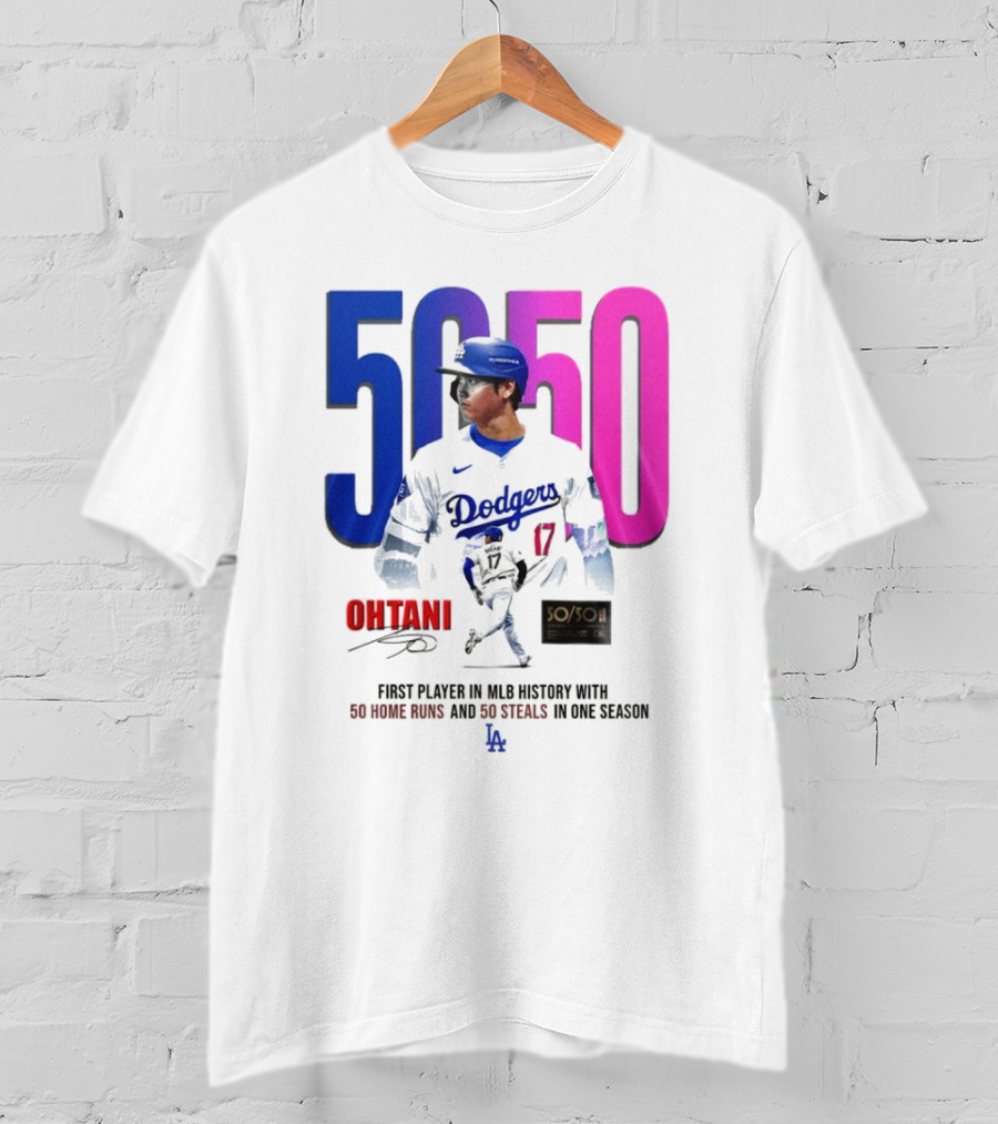 Los Angeles Dodgers Shohei Ohtani 50/50 First Player In MLB History With 50 Home Runs And 50 Steals In One Season T-Shirt