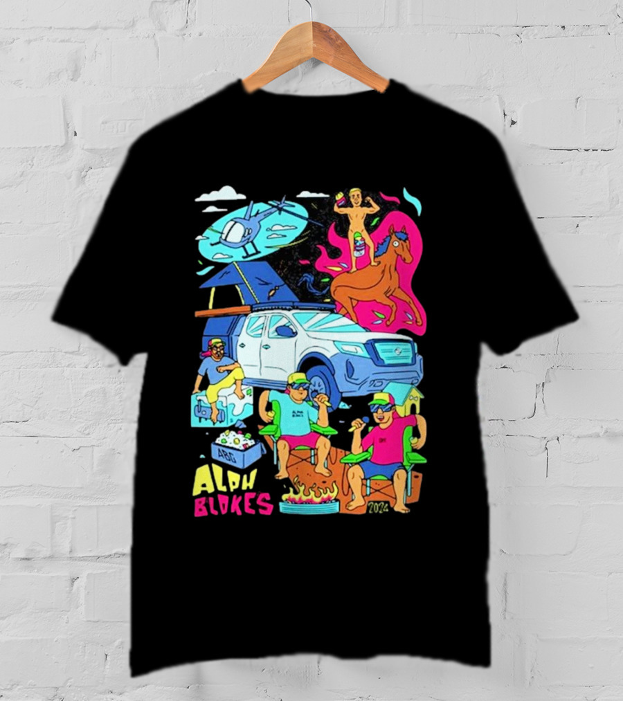 Alpha Blokes Podcast Cartoon Adventure Helicopter Beer Camping Fire T-Shirt