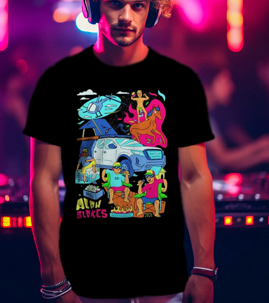 Alpha Blokes Podcast Cartoon Adventure Helicopter Beer Camping Fire T-Shirt