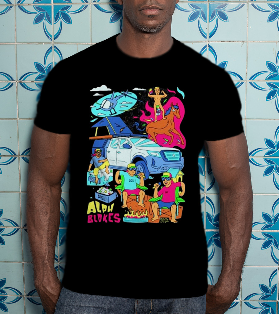 Alpha Blokes Podcast Cartoon Adventure Helicopter Beer Camping Fire T-Shirt