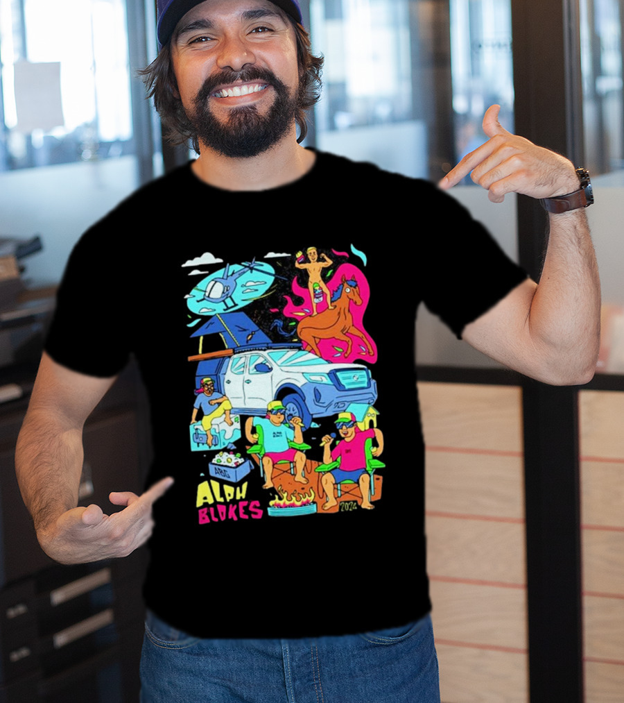 Alpha Blokes Podcast Cartoon Adventure Helicopter Beer Camping Fire T-Shirt