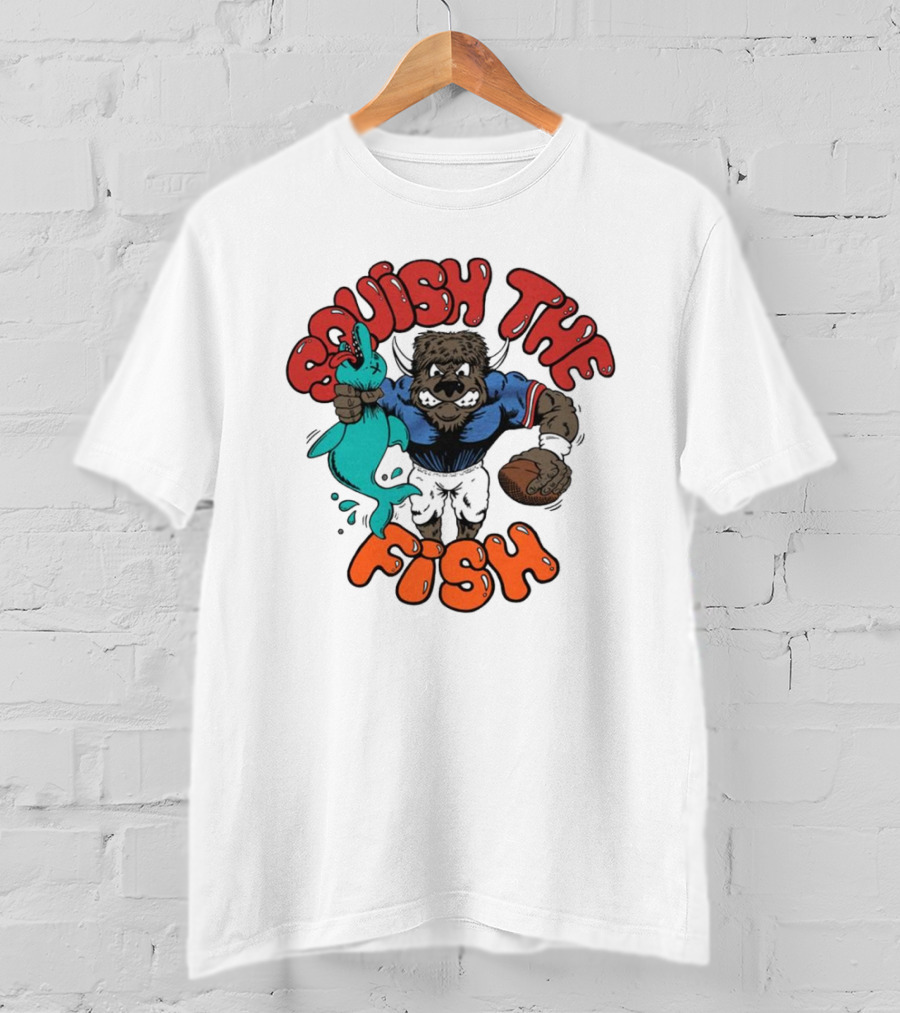 Buffalo Bills NFL Squish The Fish Vintage Rivalry Graphic Featuring Cartoon Football Player And Fish T-Shirt