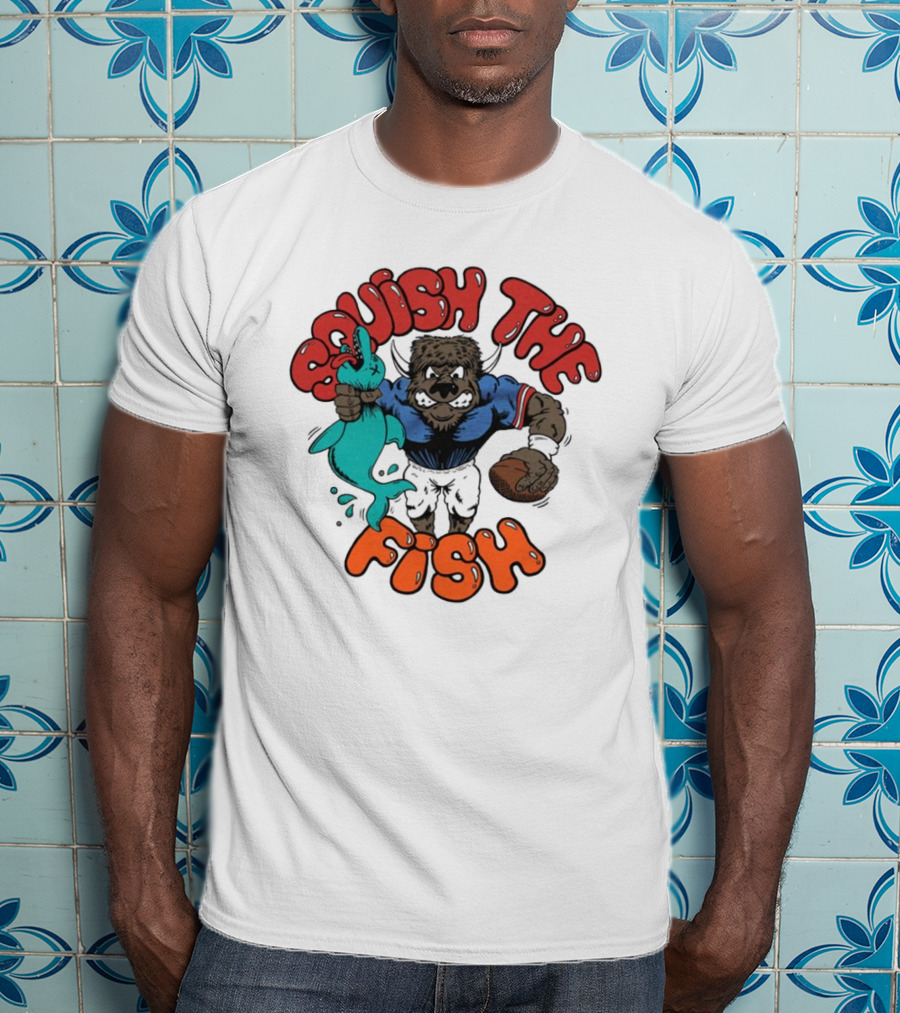 Buffalo Bills NFL Squish The Fish Vintage Rivalry Graphic Featuring Cartoon Football Player And Fish T-Shirt