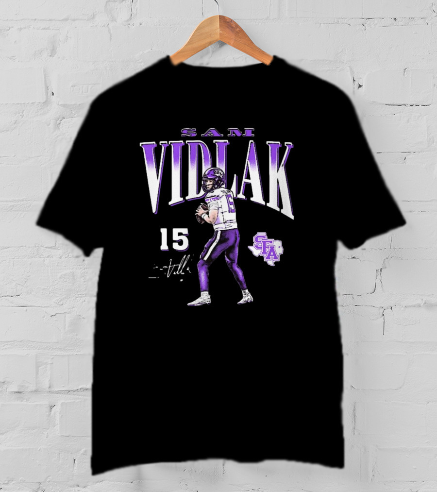 Sam Vidlak 15 SFA Stephen F. Austin Lumberjacks Football Cartoon Signature T-Shirt