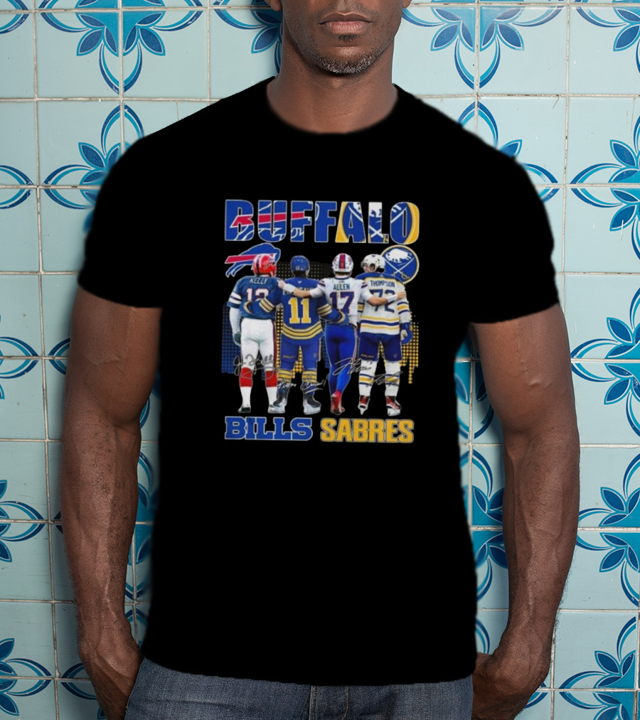 Buffalo Bills Sabres Josh Allen Jim Kelly Gilbert Perreault Tage Thompson Signatures T-Shirt