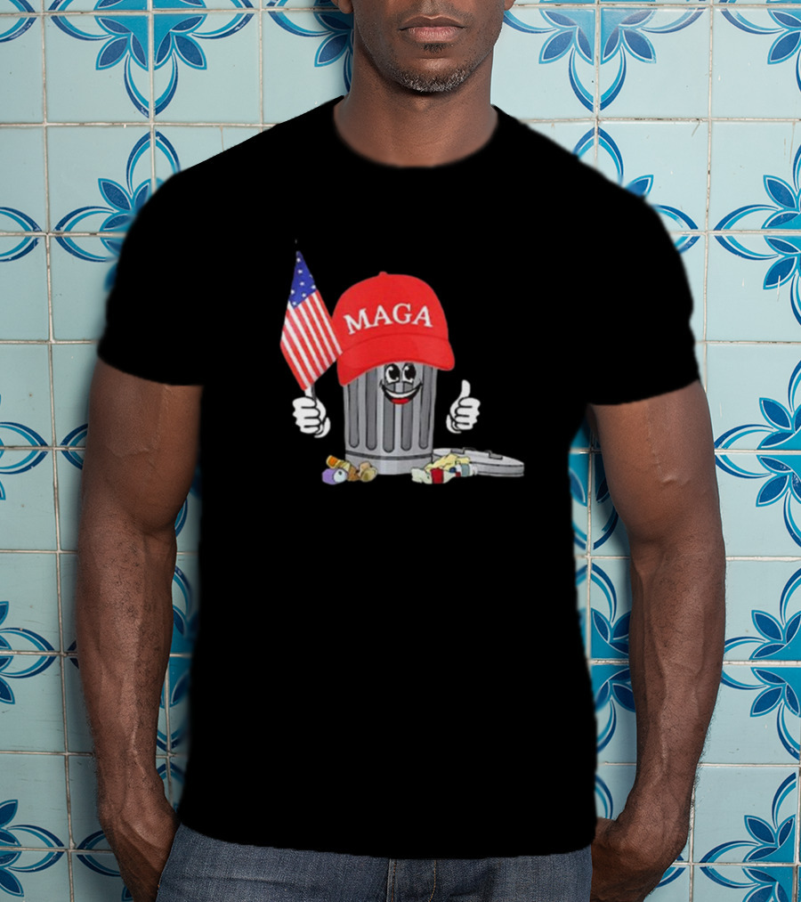 MAGA Hat Wearing Garbage Can Giving Thumbs Up Holding American Flag T-Shirt