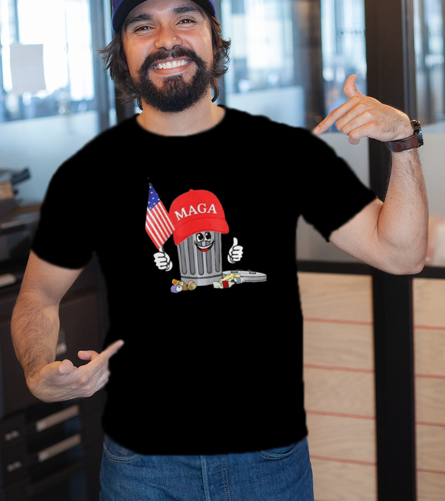 MAGA Hat Wearing Garbage Can Giving Thumbs Up Holding American Flag T-Shirt