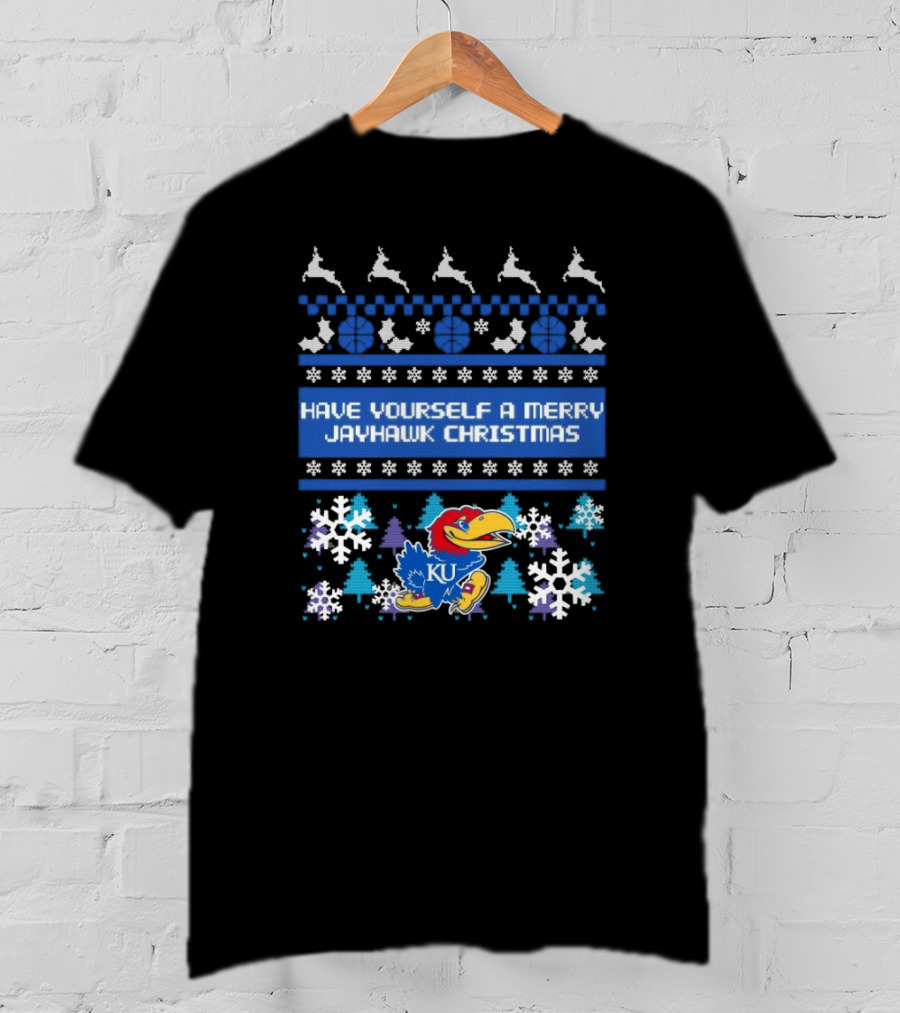 Kansas Jayhawk Have Yourself A Merry Jayhawk Christmas KU Snowflakes Basketball Reindeer T-Shirt