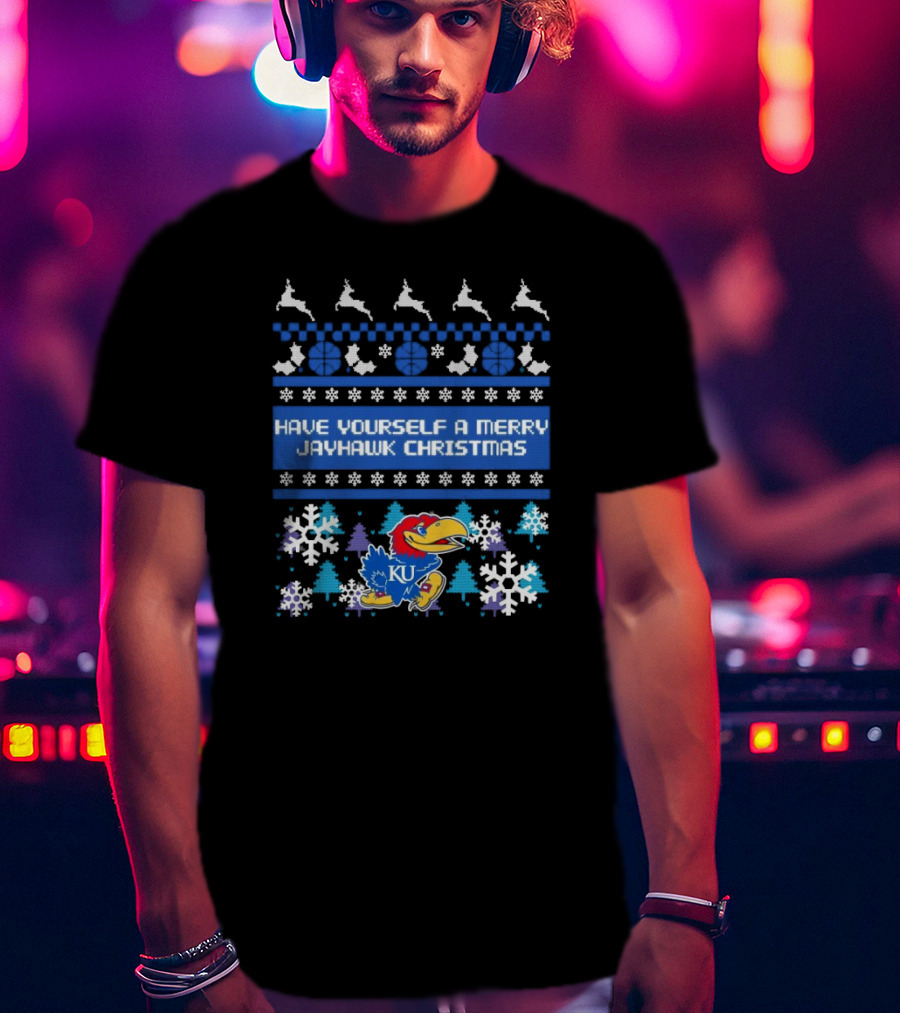 Kansas Jayhawk Have Yourself A Merry Jayhawk Christmas KU Snowflakes Basketball Reindeer T-Shirt