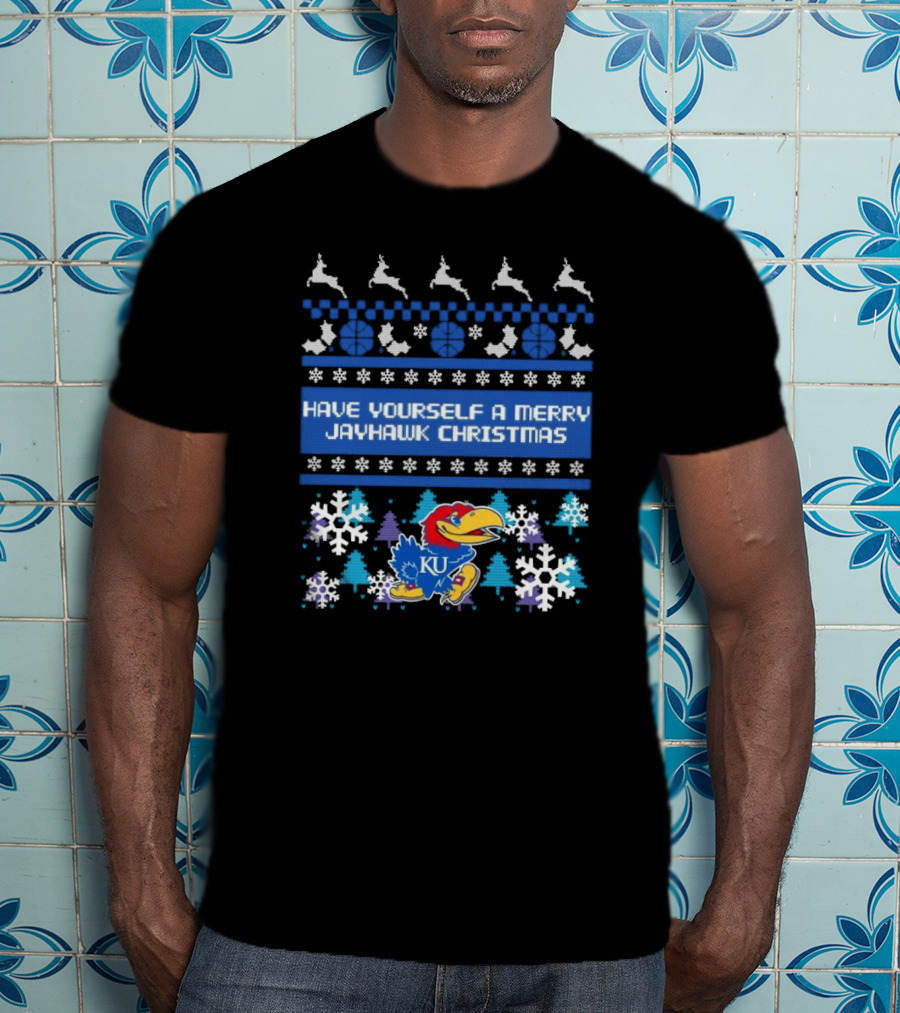 Kansas Jayhawk Have Yourself A Merry Jayhawk Christmas KU Snowflakes Basketball Reindeer T-Shirt