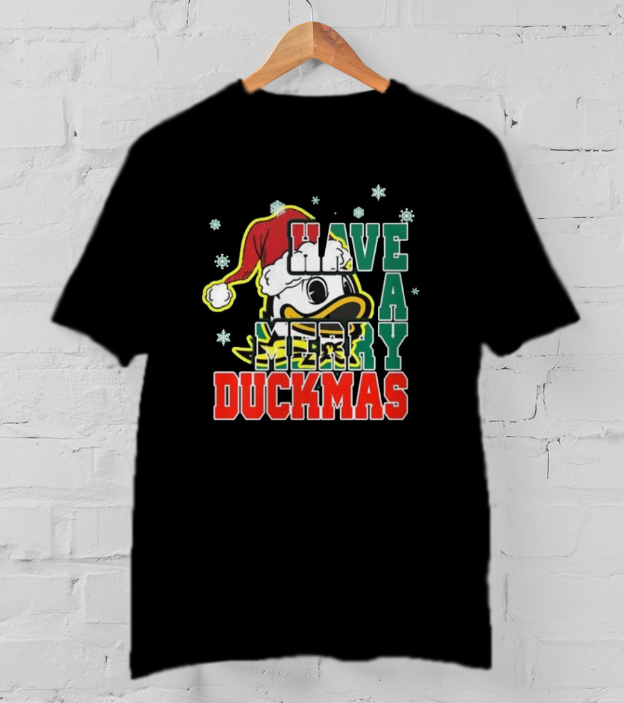 Oregon Ducks Have A Merry Duckmas Santa Hat Logo Snowflakes T-Shirt