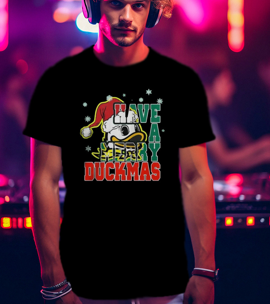 Oregon Ducks Have A Merry Duckmas Santa Hat Logo Snowflakes T-Shirt