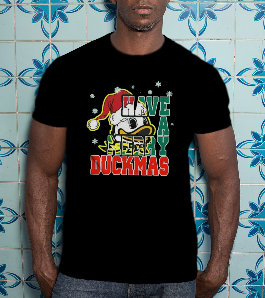 Oregon Ducks Have A Merry Duckmas Santa Hat Logo Snowflakes T-Shirt