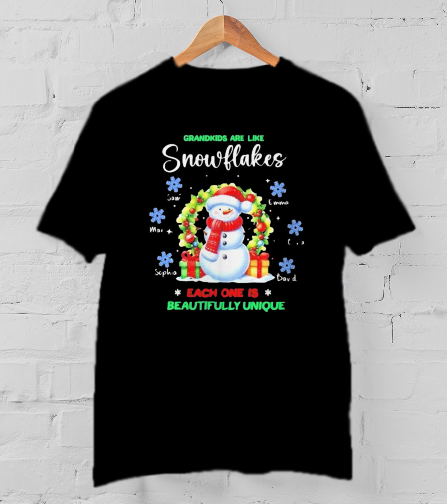 Grandkids Are Like Snowflakes Each One Is Beautifully Unique Christmas Personalized Names Snowman Wreath T-Shirt