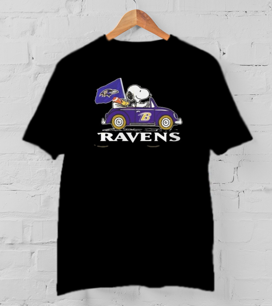 Snoopy Woodstock Driving Baltimore Ravens Car T-Shirt