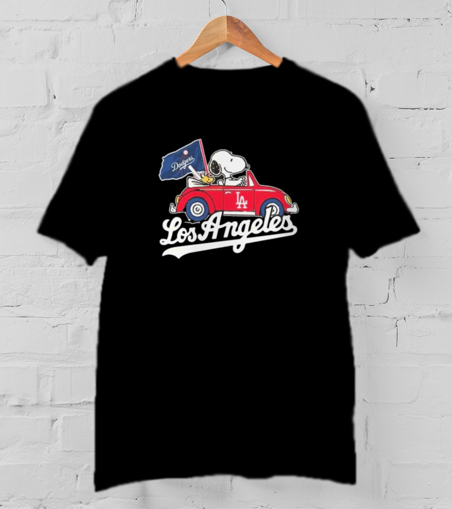 Snoopy Woodstock Driving Car Los Angeles Dodgers Flag T-Shirt