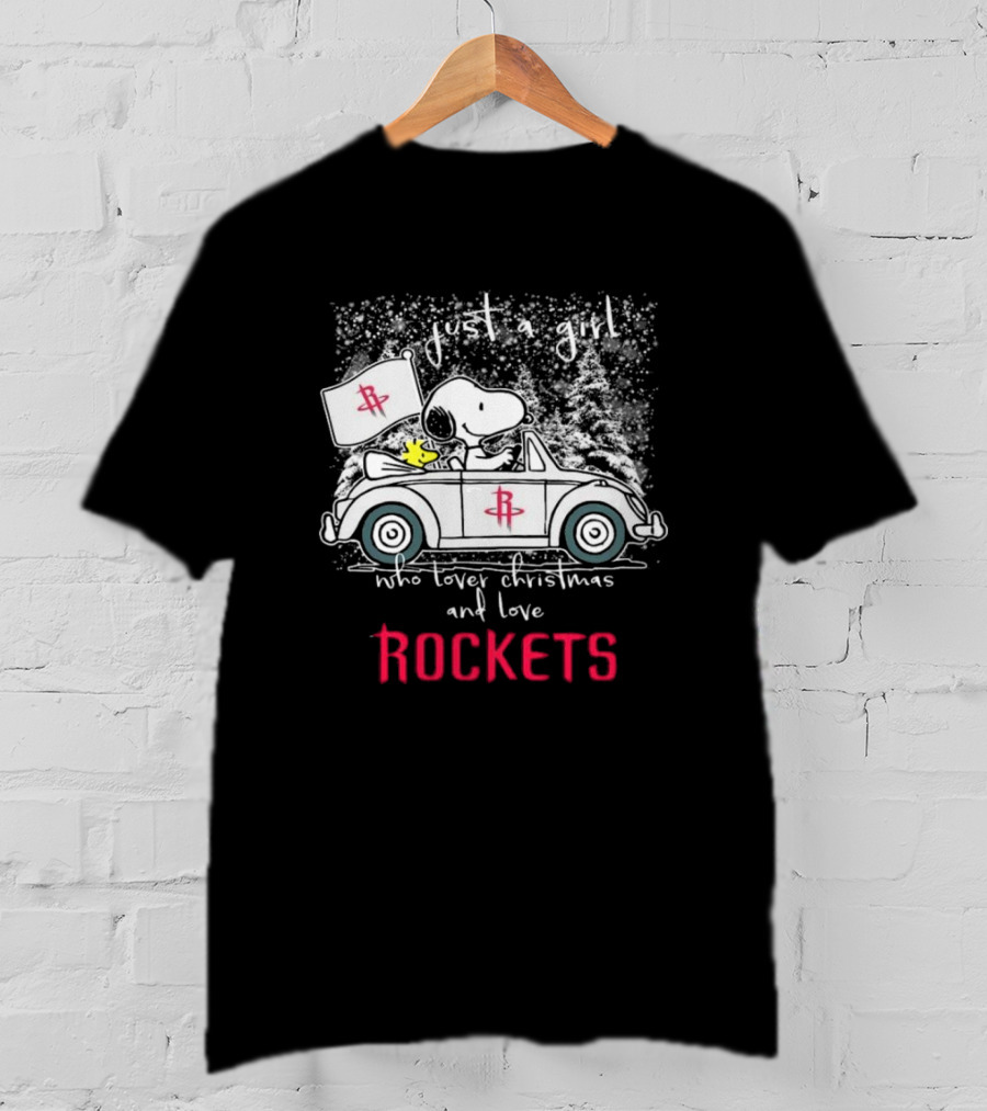 Just A Girl Who Loves Christmas And Houston Rockets Snoopy Woodstock Peanuts NBA T-Shirt