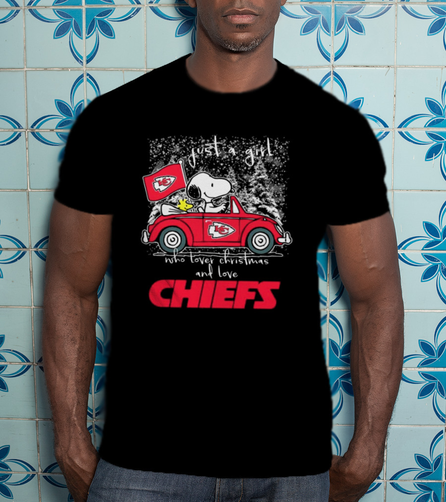 Snoopy Woodstock Peanuts Just A Girl Who Loves Christmas And Kansas City Chiefs T-Shirt
